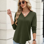 Zeagoo V Neck Solid Lace Trim Long Sleeve Top (US Only)