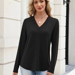Zeagoo V Neck Solid Lace Trim Long Sleeve Top (US Only)