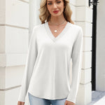 Zeagoo V Neck Solid Lace Trim Long Sleeve Top (US Only)
