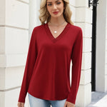 Zeagoo V Neck Solid Lace Trim Long Sleeve Top (US Only)