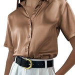 Zeagoo Women Satin Shirt V-Neck Short Sleeve Button Down Shirt Casual Loose Office Silk Tops  (Us Only)