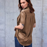 Zeagoo Women Satin Shirt V-Neck Short Sleeve Button Down Shirt Casual Loose Office Silk Tops  (Us Only)