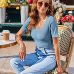 Zeagoo Short Sleeve Square Neck Slim Fitted Tops