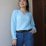 Zeagoo Women Casual V Neck T-Shirts Ruffle Long Sleeve Shirt Eyelet Loose Blouses S-XXL