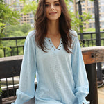Zeagoo Women Casual V Neck T-Shirts Ruffle Long Sleeve Shirt Eyelet Loose Blouses S-XXL