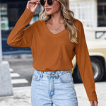 Zeagoo Women Waffle Knit Tops Casual Long Sleeve Shirts Solid Color V Neck Shirt