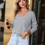 Zeagoo Women Waffle Knit Tops Casual Long Sleeve Shirts Solid Color V Neck Shirt