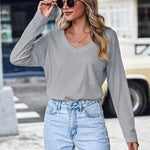 Zeagoo Women Waffle Knit Tops Casual Long Sleeve Shirts Solid Color V Neck Shirt