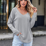 Zeagoo Women Waffle Knit Tops Casual Long Sleeve Shirts Solid Color V Neck Shirt