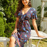 Zeagoo Women's Bohemian Floral Tie Front V Neck Midi Dresses