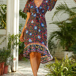 Zeagoo Women's Bohemian Floral Tie Front V Neck Midi Dresses