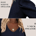 Zeagoo V Neck Sweaters Casual Puff Sleeve Pullover Sweater