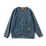Japanese Retro Washed Denim Collarless Jacket