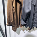 Irregular-Ribbon Satin Pleated Shirt