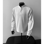 Ribbed Textured Band Collar Henley Shirt