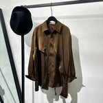 Irregular-Ribbon Satin Pleated Shirt