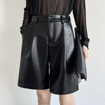 PU Leather Pants Elastic Waist Loose Straight Wide Leg Shorts
