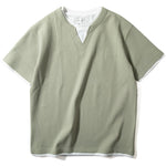 V-neck Faux Two-piece Waffle Knit Loose T-shirt