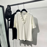 Button V-neck Slim Short T-shirt
