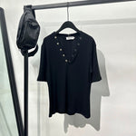 Button V-neck Slim Short T-shirt