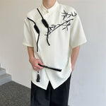 Embroidered Disc Button Stand Collar T-shirt