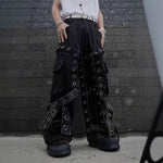 Dark Strappy Deconstructed Wide-leg Jeans