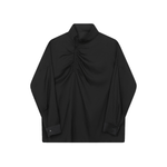 Pleated Stand Collar Solid Long Sleeve Shirt