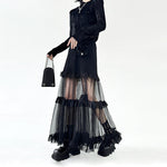 French Denim Patchwork Mesh Skirt
