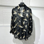 Irregular Cut-out Feather Print Casual Shirt