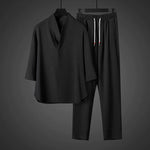 Vintage Ice Silk Loose Zen Clothes Half Sleeve T-shirt Drawstring Pants Two-Piece Set