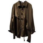 Irregular-Ribbon Satin Pleated Shirt