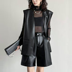 PU Leather Pants Elastic Waist Loose Straight Wide Leg Shorts