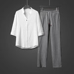 Retro Ice Silk Short Sleeve V-Neck Shirt Drawstring Trousers Two-Piece Set