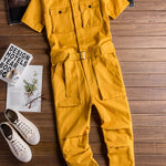 Retro Casual Multi-Pocket Short Sleeve Jumpsuits