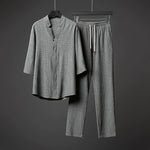 Retro Ice Silk Short Sleeve V-Neck Shirt Drawstring Trousers Two-Piece Set