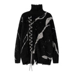 Contrast Color Knitted Ripped Turtleneck Loose Sweater