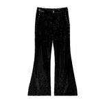 Heavy Sequined PU Metal Rivet Flared Pants