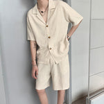 Vintage Cotton Linen Shirt Shorts Two-Piece Set