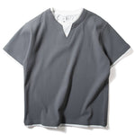 V-neck Faux Two-piece Waffle Knit Loose T-shirt