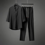 Retro Ice Silk Short Sleeve V-Neck Shirt Drawstring Trousers Two-Piece Set