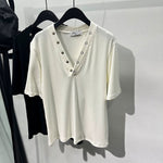 Button V-neck Slim Short T-shirt