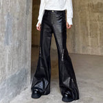 Zippered Shiny Striped Flared PU Leather Trousers