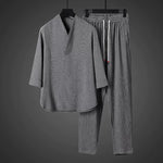 Vintage Ice Silk Loose Zen Clothes Half Sleeve T-shirt Drawstring Pants Two-Piece Set