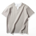 V-neck Faux Two-piece Waffle Knit Loose T-shirt