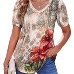 Zeagoo Puff Short Sleeve Boho V Neck Floral Blouse