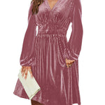 Zeagoo Velvet Dress V-Neck Long Sleeve Stretch Mini Dress