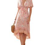 Zeagoo Women's Bohemian Floral Tie Front V Neck Midi Dresses