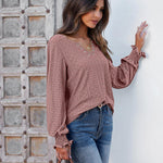 Zeagoo Women Casual V Neck T-Shirts Ruffle Long Sleeve Shirt Eyelet Loose Blouses S-XXL