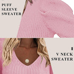 Zeagoo V Neck Sweaters Casual Puff Sleeve Pullover Sweater