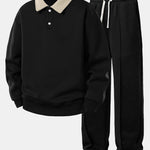 Relax Fit Contrast Polo Sweatshirt & Straight Leg Pleated Pintuck Sweatpants